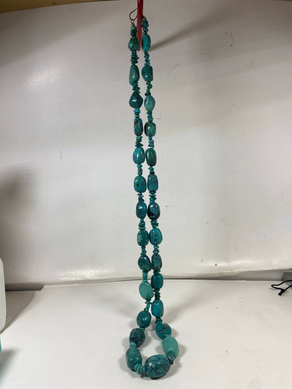 Vintage Faux Turquoise Cabochon Graduated Silver Double Strand beaded Necklace